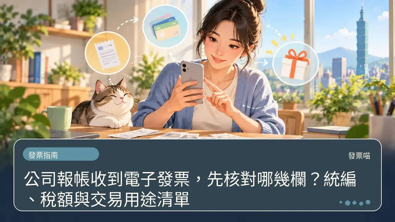 公司報帳收到電子發票,先核對哪幾欄?統編、稅額與交易用途清單主題插畫
